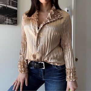 Vintage 90s Gold Pleated Ruffle Collar Blouse